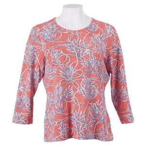 J.MCLAUGHLIN Signature Tee Top XL Coral Orange Nautical Print 3/4 Sleeve Stretch